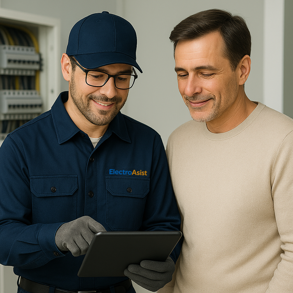 Técnico y cliente revisando proyecto eléctrico en tablet